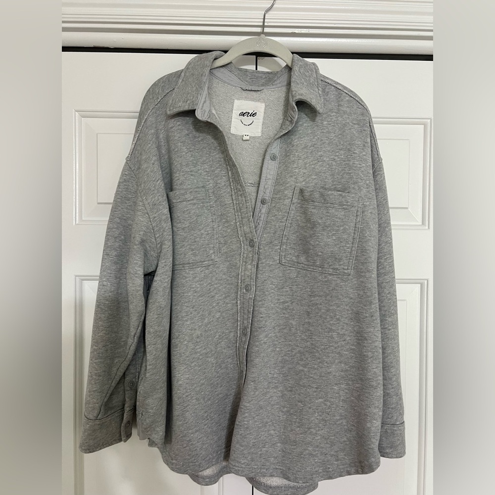 Aerie Light Gray Button Up Sweatshirt